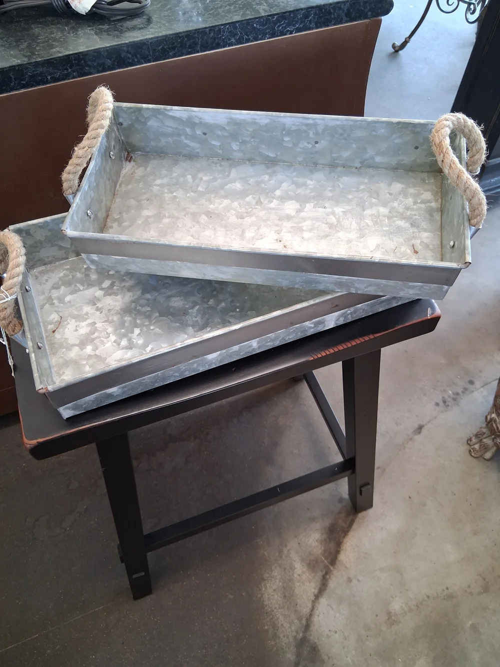 Galvanized Metal Serving Tray with Rope Handles - Silver